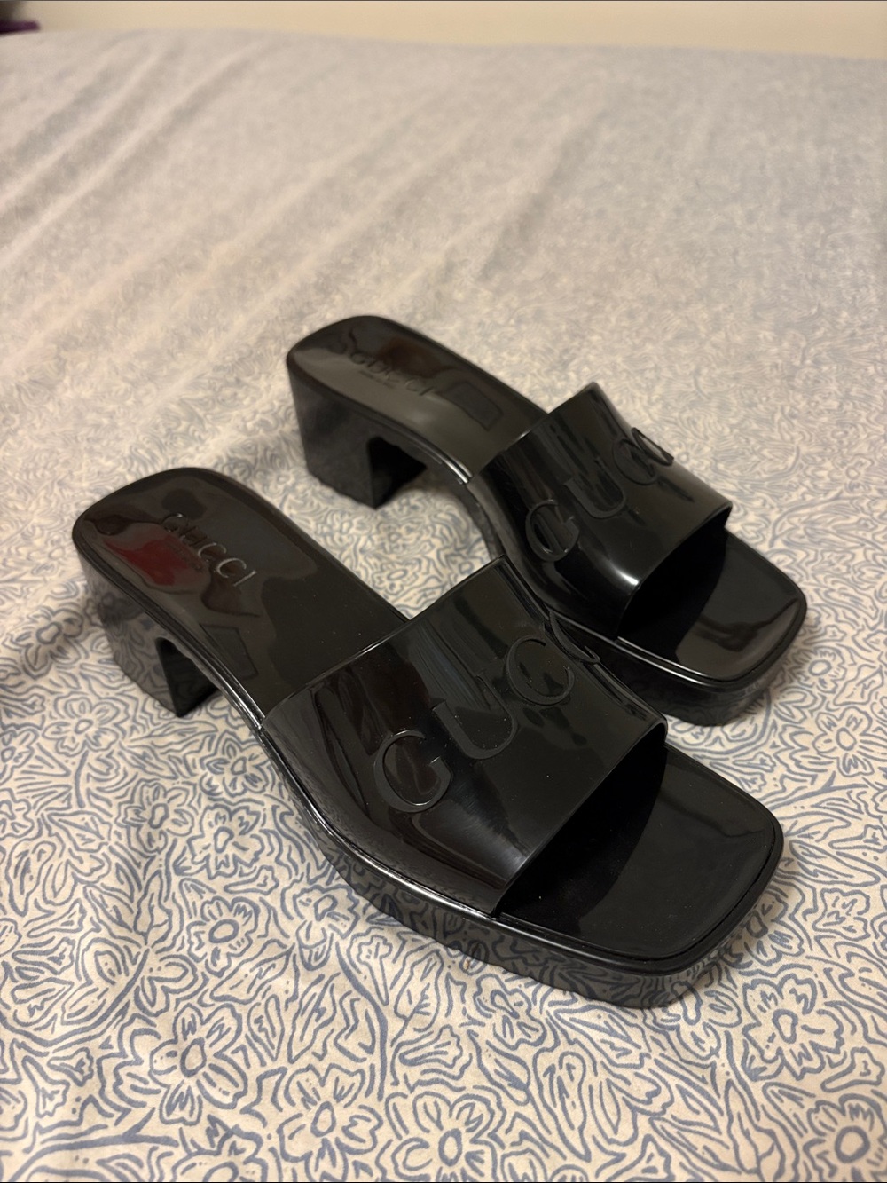 Gucci Black Patent Logo Slide Mules